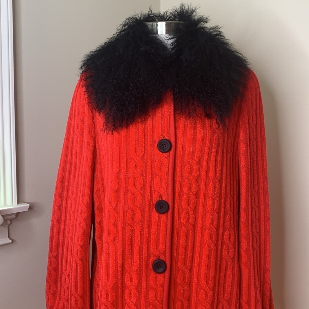 Lola Made in Italy Red Black Cable Knit Fur Collar Duster Cardigan Coat 8 44 - Picture 3 of 17